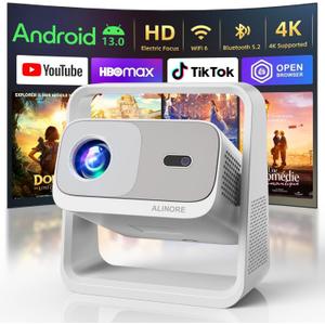 Smart Projector with WiFi and Bluetooth, Built-in Apps, Electric Focus & Auto Keystone Portable Outdoor Proyector, Native 1080P Projector 4K Support, Movie Projector for Home Theater, White