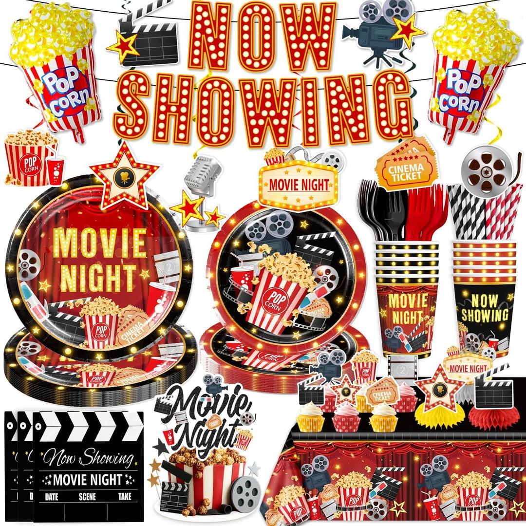 157pcs Movie Night Supplies, Convenient Paper Tableware Set Includes 300gsm Plates Now Showing Banner Waterproof Tablecloths and Popcorn Balloons for Movie Night Party