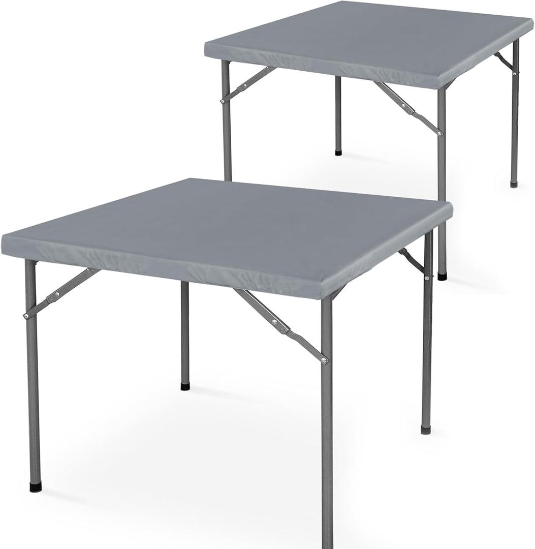 LUSHVIDA 2 Packs Vinyl Card Tablecloth with Flannel Backing 34x34 inch - Waterproof Plastic Table Cover for Square Folding Table Cloth with Elastic Edges, Light Gray