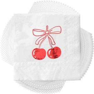 Hillsuren 100 Pcs Coquette Cherry Theme Party Napkins She's Ready to Pop Themed Baby Shower Decorations Red Bow Stamped Napkins Bridal Shower Birthday Party Supplies