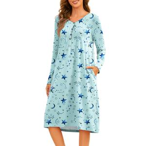 Becotal Nightgowns for Women Floral Print House Dresses Pleated Sleepwear Long Sleeve Sleep Shirts Mumu Dresses with Pockets Cotton Sleep Wear Star and Moon XXL