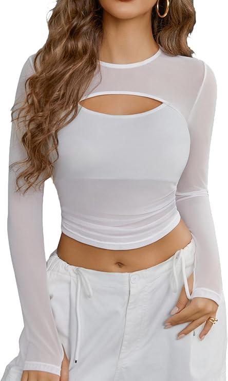 Avidlove Women's Sheer Mesh Long Sleeve Crop Top y2k Sexy Tee Blouse Cutout Clubwear with Thumb Holes Size S