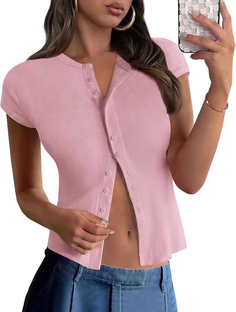 PRETTYGARDEN Women's Short Sleeve Summer Tops 2025 Trendy Ribbed Knit Button Up Tight Basic Tees Shirts Going Out Y2K Clothes (Pink, M)