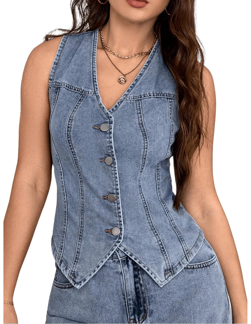 MakeMeChic Women's Denim Vest Tops Sleeveless Button Down V Neck Asymmetrical Hem Crop Jean Vest S