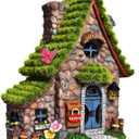ASAWASA Resin Fairy House Statues with Solar Powered Lights, Funny Garden Sculptures with Flocked and Cobblestone Decor, Exquisite Garden Cottage Figurines