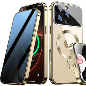 [Full Camera Protection& Mechanical Lock]Magnetic Privacy Case for iPhone 16 Pro Max[Compatible with MagSafe] [CD Metal Ring]Full Body Shockproof Metal Bumper, 9H Anti Peeping Glass Cover-Gold