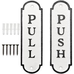 AuldHome Design Push Pull Door Signs (Set of 2); Cast Iron Farmhouse Style Vertical Signs for Home and Business