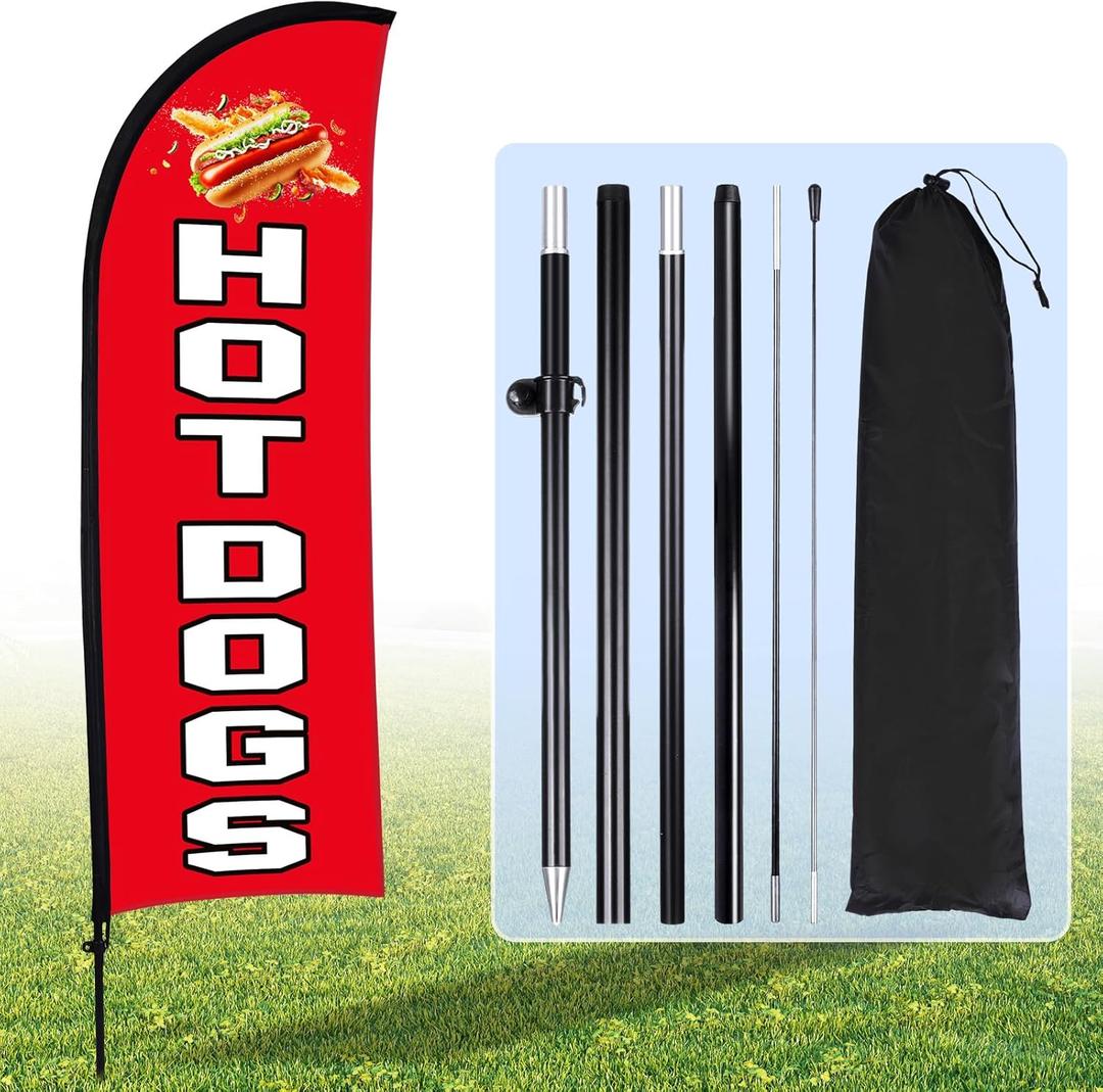 Buryeah Hot Dogs Feather Flag Kit Hot Dogs Swooper Flag with Pole Ground Stake and Portable Bag 7 ft Sign for Business Restaurant Advertising Business Banner for Outside Ground(Red)