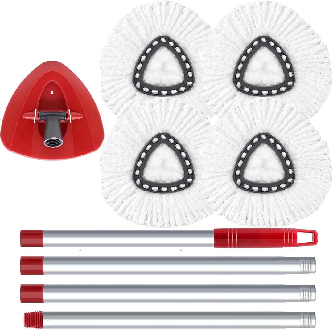 O-Cedar Spin Mop Head, Base, Handle Replacement for EasyWring 1 Tank System, 4 Microfiber Mop Refills, 1 Base and 30-58in Handle Set Combo, White