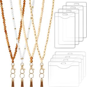 12 Pieces Wood Beaded Lanyards and Card Holder Set, Including 4 Wooden Bead Neck Strap Bohemian Bead Lanyards with Tassel and 8 Clear Card Holders in 2 Style for Keys, Phone Bags (Retro Style)
