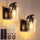 Battery Operated Wall Sconce Set of Two, Wireless, Rechargeable Wireless Wall Lights with Dimmable Bulb and Clear Wine Glass, Remote Modern Vanity Lighting for Bedroom Living Room Hallway (2PCS, Black)