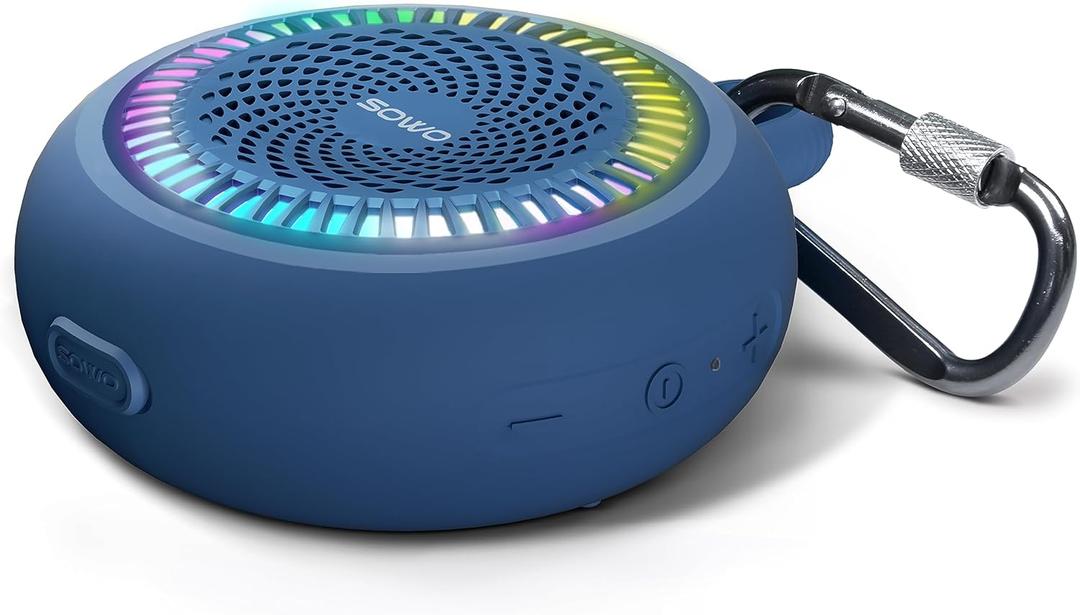 SOWO Bluetooth Shower Speaker Waterproof - Small Portable Speaker Wireless with Louder Volume and Powerful Bass - Colorful Lights and 10H Playtime - Lightweight with Carabiner and TWS - Blue