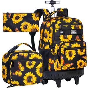 3Pcs Rolling Backpack for Girls, 19 Women Inche Roller Bag with Wheels, Sunflower Wheeled Bookbag Set for Adults(Yellow)