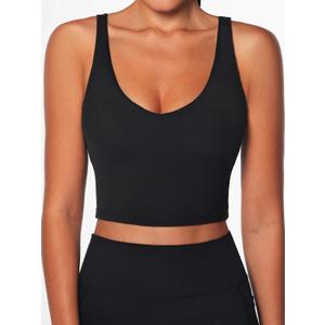 Women V-Neck Longline Sports Bras Low U Back Workout Yoga Athletic Crop Tank Top with Built in Bra (X-Small, Black)