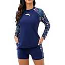 Halcurt Women's Built in Bra Rash Guard Long Sleeve Swimwear UPF 50 Two Piece Swim Shorts and Tops 2XL