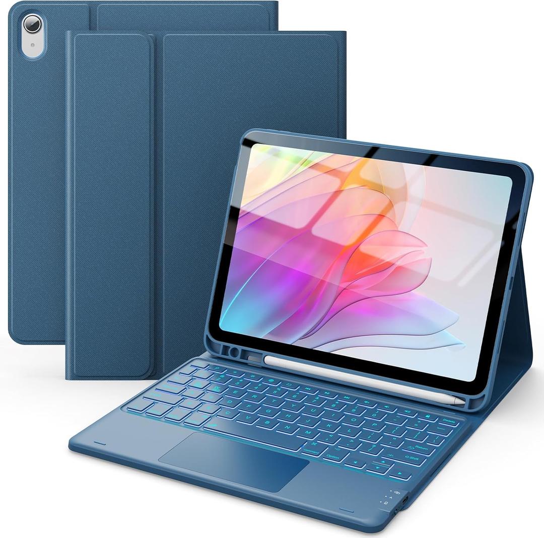 CHESONA for iPad 10th Generation Case with Keyboard, 7 Color Backlight, Multi-Touch Trackpad, Flip Stand Case with Pencil Holder, 2 Wireless Channels for iPad (A16) 11th/10th Gen 2025/2022, Steel Blue
