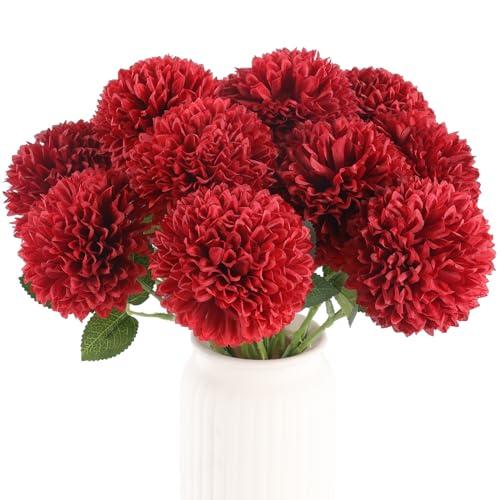 Hananona 12 Pcs Artificial Chrysanthemums Flowers Burgundy Red Flowers, Fake Mums Silk Flowers for Spring Home Decor Christmas Floral Arrangement Halloween Table Centerpiece (12, Burgundy)