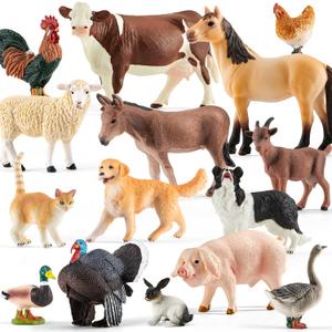 15 Pcs Farm Animal Toy for Toddler Kid, Plastic Toy Farm Animal Figure Set Playset Including Cow Horse Goat Sheep Pig Donkey Goose Duck Turkey Chicken Dog Cat Rabbit for Kid Age 3-5 5-7, 4.33 inches