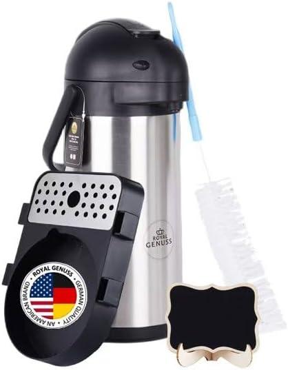 Airpot Coffee Dispenser 102 oz (3L) with Pump, Drip Tray, Cleaning Brush, and Beverage Label - Stainless Steel Insulated Carafe - 24 Hour Heat Retention - 36 Hour Cold Retention - 3 Gifts are included