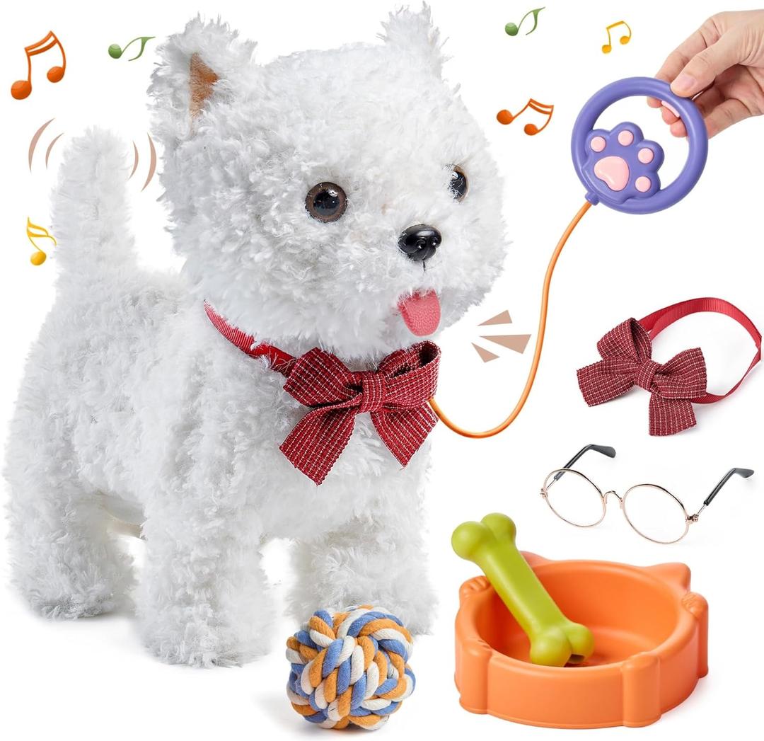 Walking Dog Toy with Leash, Remote Control Interactive Robot Dog, Dress Up Plush Puppy with Walking, Barking, Tongue Licking, Tail Wagging, Toys for Age 3+ Kids