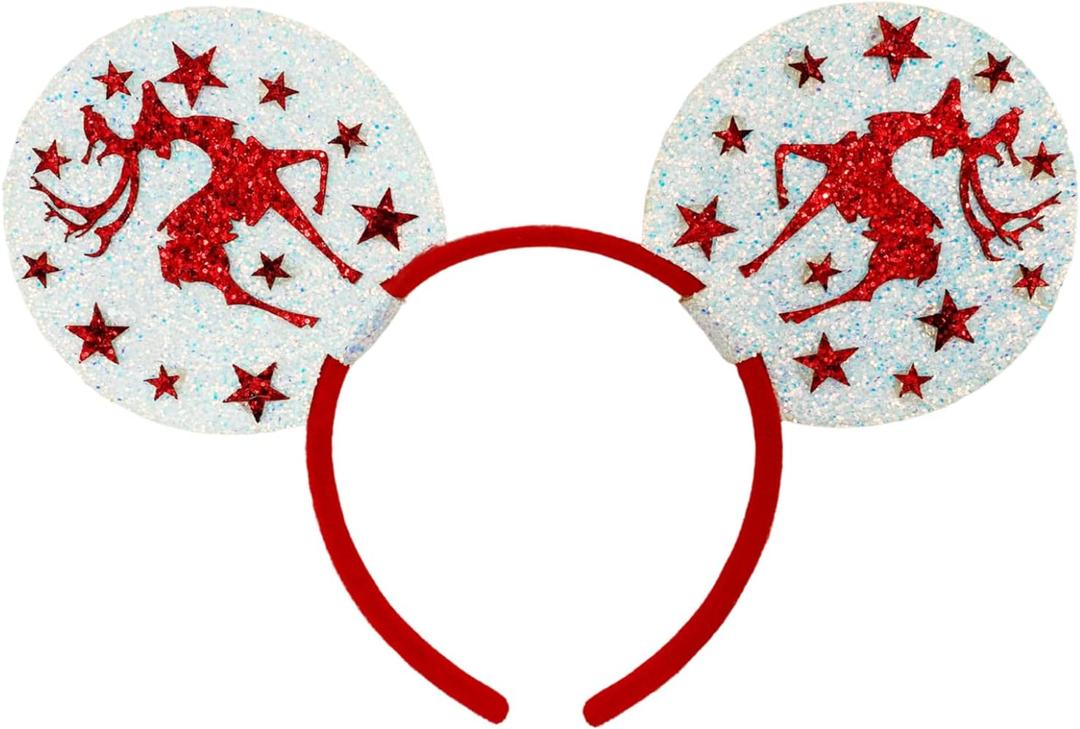 Needzo Reindeer Mouse Ear Headband with Sparkly Red Stars, Holiday Party Costume Accessory for Women or Girls, One Size Fits Most