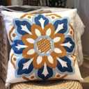 Outdoor Embroidered Floral Throw Pillow Covers 18x18 Inch, Cotton Canvas, Boho Chic Cushion Cases for Patio, Garden & Balcony (Sunflower)