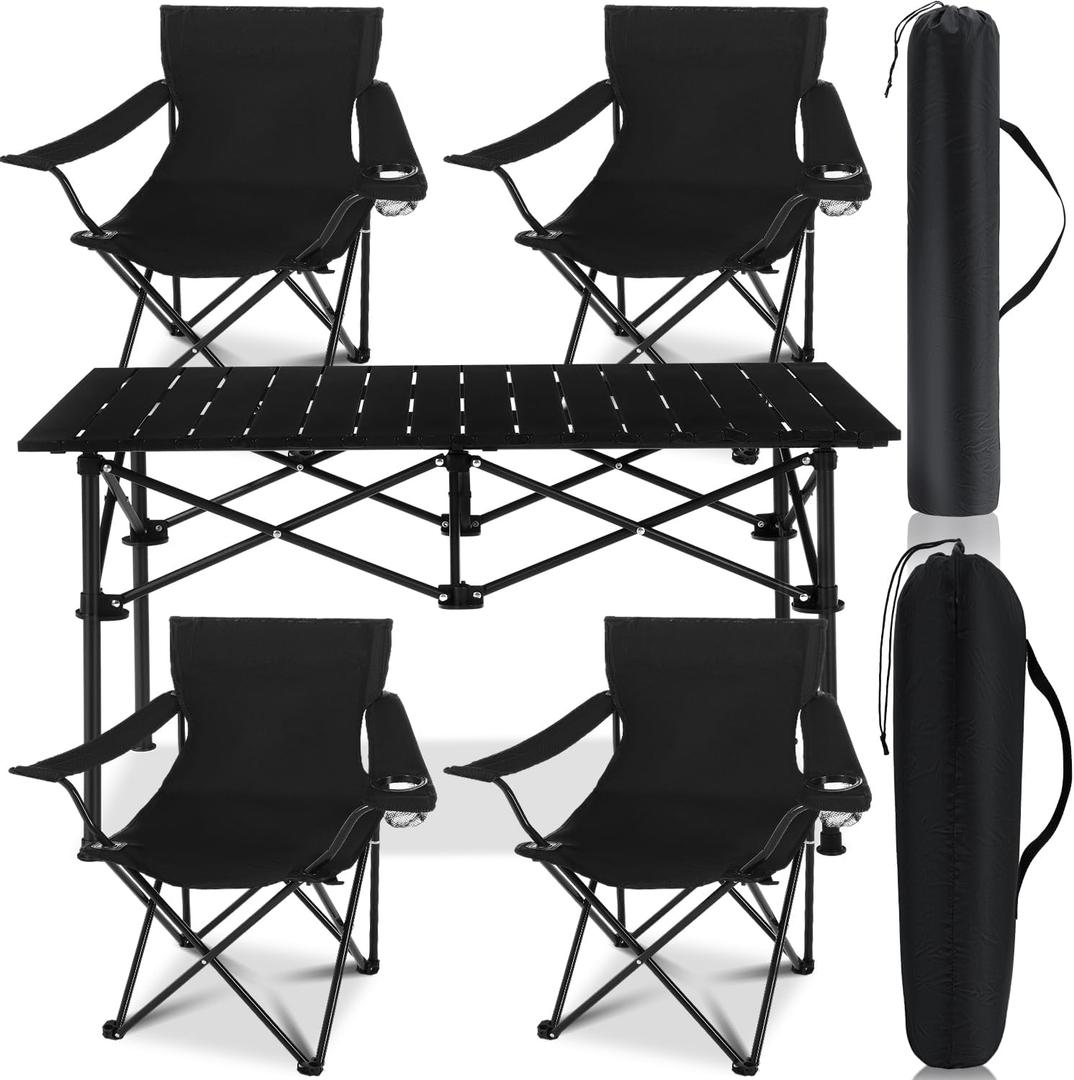 5 Pcs Summer Portable Camping Chair and Folding Camping Table Set Outdoor Oxford Fabric Folding Chair Lawn Portable Camp Table with Cup Holder Carry Bag for Travel Fishing Sport(Black)