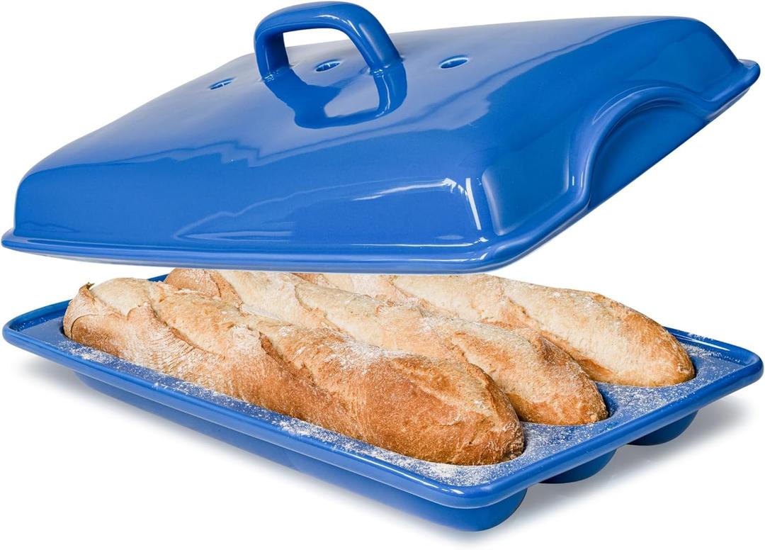 Baguette Pan with Lid for French Bread  3 Slot Blue Bread Baker Tray  Ceramic Baguette Mold for Sub Rolls, Hoagie, Italian Loaf  Easy-Lift Handle & Vented Crisp Crust Baking