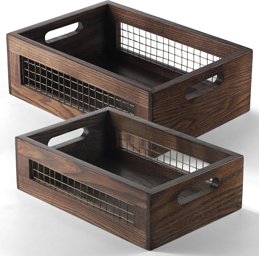 Wooden Countertop Baskets Set of 2 for Kitchen, Pantry|Wall Mount Upgrade with Full Accessories| Rustic Nesting Boxes|Wooden Organizer Crates for Vegetables, Produce, Bread (Walnut)