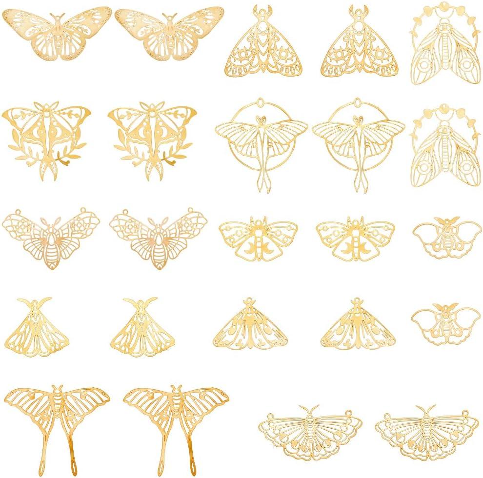 SUNNYCLUE 1 Box 24Pcs 12 Styles Gold Butterfly Connector Charms Brass Link Charm Bulk Metal Hollow Butterflies Moth 2 Holes Connectors Charm for Jewelry Making Charms Earring DIY Crafts Accessories