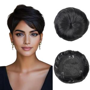 QUEENTAS Black Short Hair Toppers for Women with Thinning Hair 3603D Cover with 3 Clips Hair Pieces Wispy Bangs 5.5"*5.5" Large Coverage(Natural Black/1B)