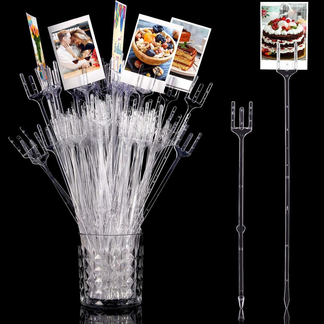 Geiserailie 50 Pieces Flower Card Holder Stick Clear Plastic Floral Picks 9.4'' 12.2'' Transparent Fork Straight Head Photo Card Holder Floral Sticks for Flower Arrangements Bouquet Wedding Decor