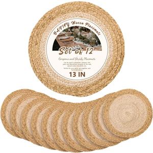 13 in Round Woven Placemats Plate Chargers Set of 12, Boho Farmhouse Rustic Woven Place Mats for Dining Table Decor, Rattan Wicker Table Mats Jute Braided Chargers for Dinner Plates