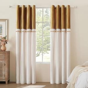 Boho Curtains for Living Room 96 Inches Long Gold Ivory 2 Panels Set Farmhouse Window Treatments Blackout Curtain Drapes Lace Pom Pom Embroidered Velvet Curtains