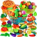 Play Food Set for Kids Kitchen- 100 Pcs Kitchen Food Toy for Toddlers, Cutting Fake Food/ Fruit/ Vegetable Accessories with Three Baskets, Birthday Gift for 3 4 5 Years Old Boy Girl