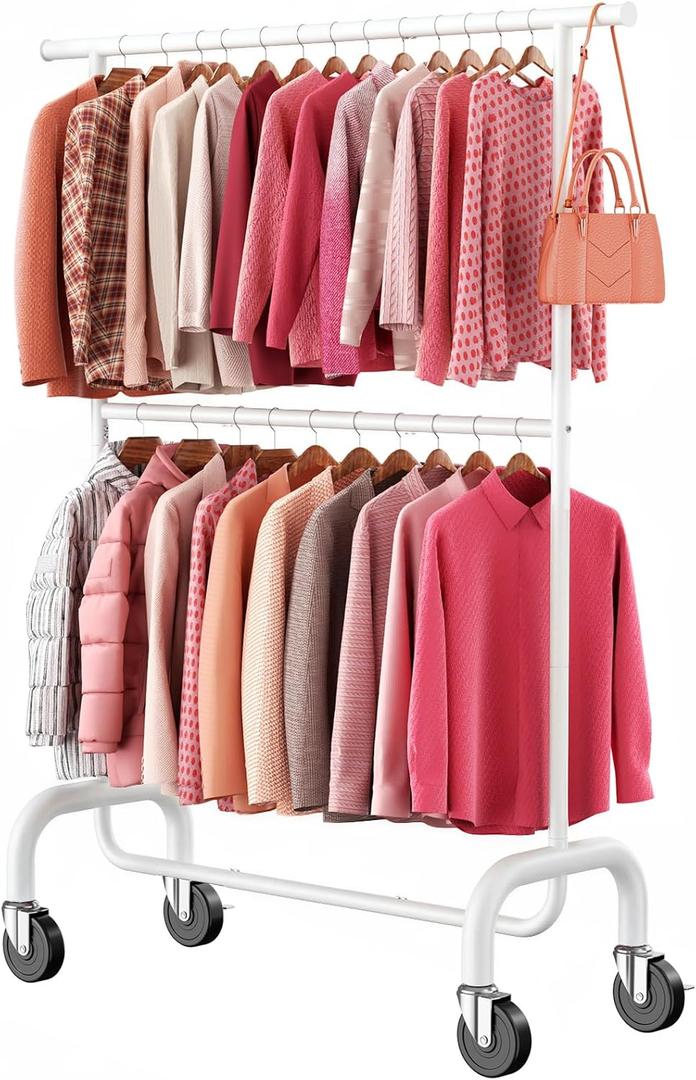 Heavy Duty Clothes Rack, 78.35" Rolling Clothing Rack for Hanging Clothes with Lockable Wheels, 6-Level Adjustable Double Rod Garment Rack for Bedroom, Laundry, Clothing Store, White