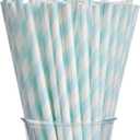 ALINK 100 Light Baby Blue and White Striped Paper Straws, Biodegradable Disposable Drinking Straws for Baby Shower, Brithday, New Year, Party Decoration Supplies