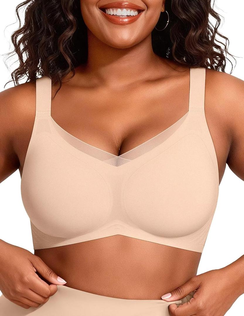 Vertvie Wireless Bras for Women No Underwire Supportive Mesh Crossover Bra Seamless Push Up Full Coverage Everyday Bralettes (Small, Warm Sand)