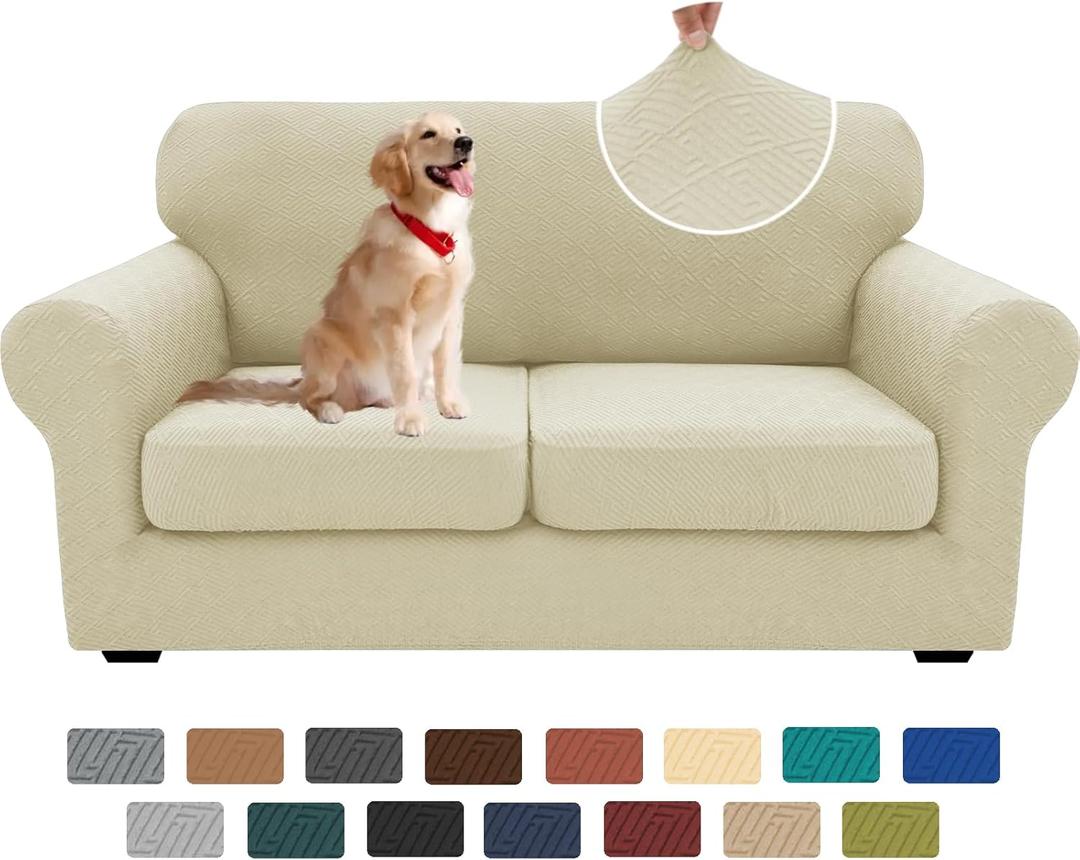 XINEAGE New 3 Pieces Couch Covers for 2 Cushion Sofa Super Stretch Loveseat Slipcover Pet Dog Universal Slip Cover Anti Slip Love Seat Furniture Protector (Light Beige, 55"-69")