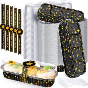 Tioncy 100 Sets Fall Mini Loaf Pans with Lids Spoons Sealing Stickers, Harvest Mini Cake Pans, Rectangle Aluminum Foil Baking Bread Containers, Bakery Party Supplies 6.8oz(Black Gold,Star)