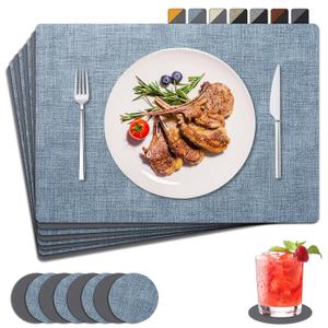 Placemats Set of 8 with Coasters Dual Sided Heat Stain Resistant Place Mats Faux Leather Table Mats NonSlip Waterproof OilProof Washable Wipeable Table Placemats for Dining Patio Table Kitchen, Blue 