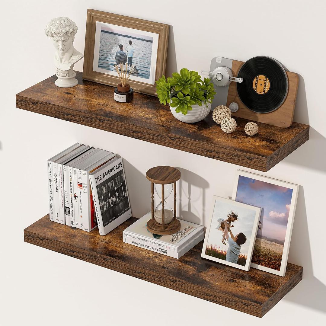 24 Inch Floating Shelves, 12 Inch Deep Floating Shelves for Wall, Extra Deeper & Thicker Wooden Wall Shelf with Invisible Brackets, Shelf for Bedroom Home Decor（Rustic Brown, Set of 2）