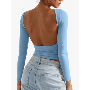 SUUKSESS Women Backless Going Out Tops Double Lined Open Back Basic Long Sleeve XS