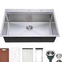33in Topmount Kitchen Sink 33x22 inch Single Bowl 16 Gauge Drop in Workstation with Accessories Stainless Steel Nano-Silver