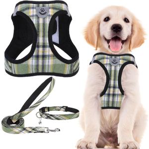 PUPTECK Adjustable Dog Harness Collar and Leash Set Step in No Pull Pet Harness for Dogs Puppy and Cats Outdoor Walking Running, Soft Mesh Padded Reflective Vest Harnesses, Grn&YLW, XL