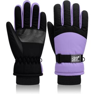 Geyoga Kids Waterproof Winter Snow Ski Gloves for Boy Girl Outdoor Warm Thickening Snowboard Gloves (8-12 Years, Light Purple)