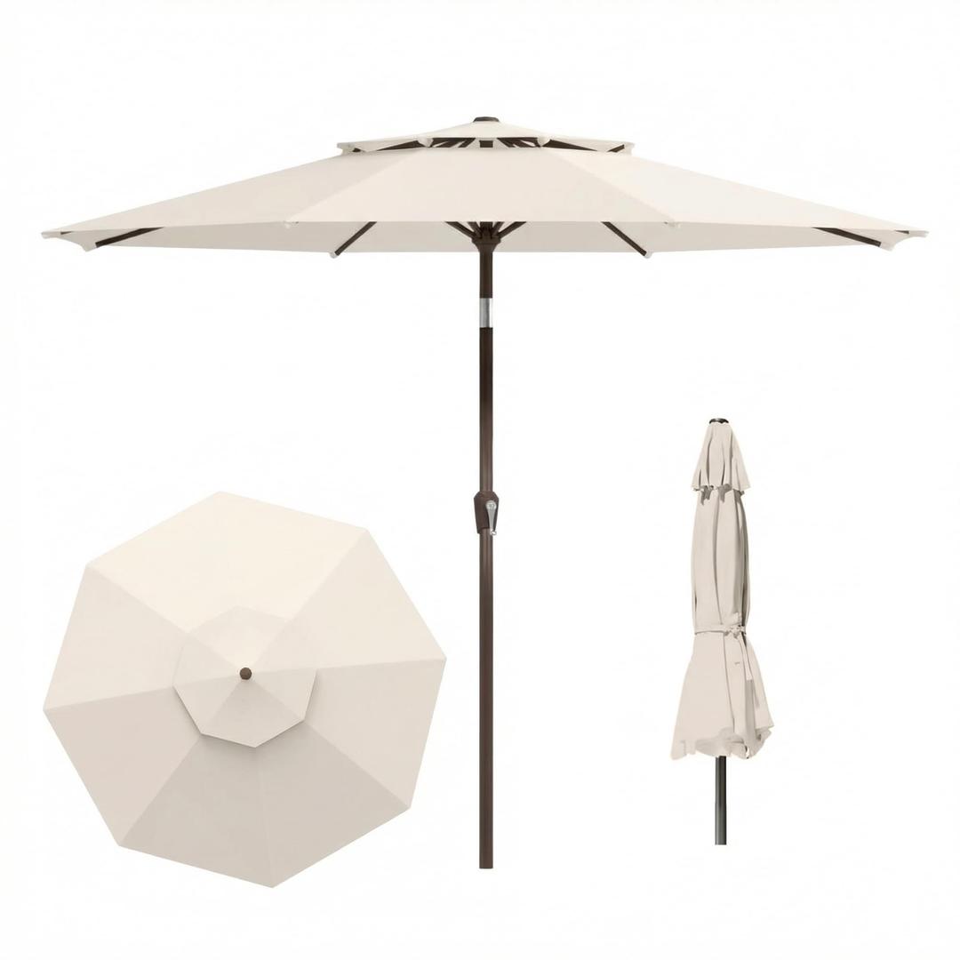 Tobeos 10 FT Outdoor Patio Umbrella, 2 Tiers Market Table Umbrella with 8 Sturdy Ribs, Push Button Tilt and Crank, UPF50+ UV Protection for Deck, Pool, Garden and Backyard, Cream White