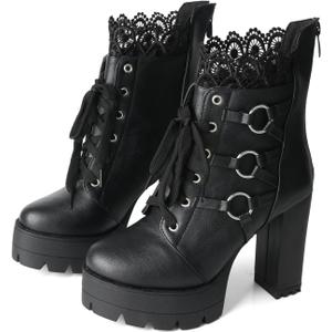 FOREADA Black High Heel Boots For Women Platform Goth Chunky Heeled Boot Combat Booties Lace Up Ankle Boot with Zipper (9)