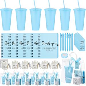 Nuogo 6 Sets New Parent Shower Prizes for Player Winners Adults Include Plastic Tumbler Notebook Scented Candles Ballpoint Pen Gift Bag, Party Player Winner Gifts (Blue Color,Classic Style)