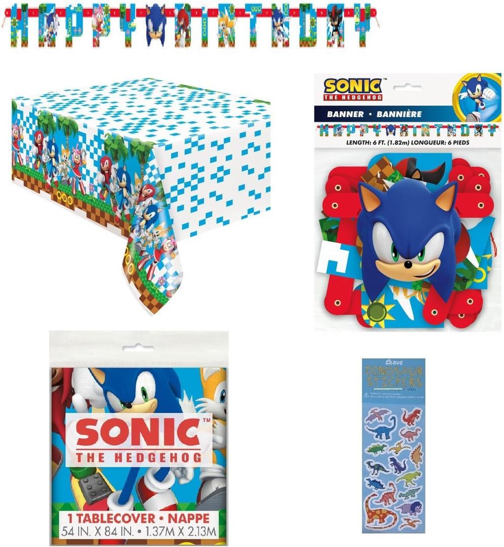 Sonic Birthday Party Supplies Bundle includes 1 Happy Birthday Banner 6.25ft Long, 1 Plastic Table Cover 54" x 84", 1 Dinosaur Sticker Sheet